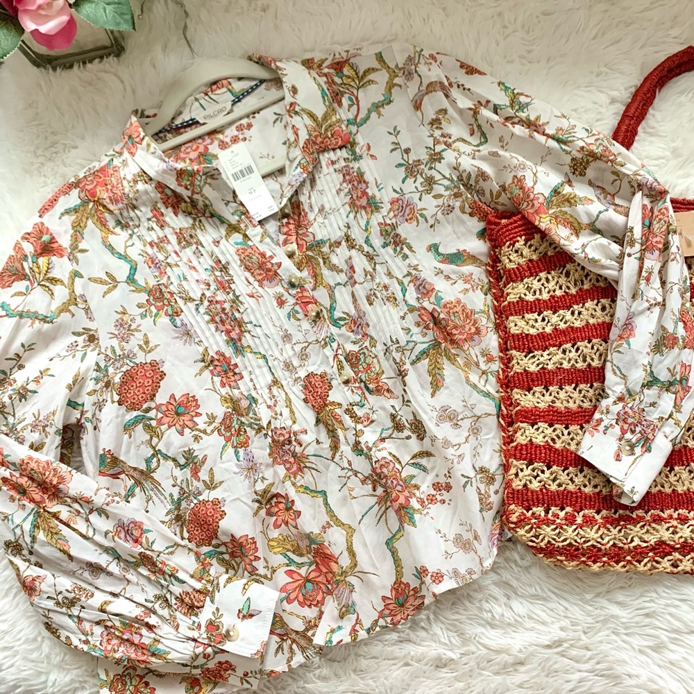NEW Anthropologie Pilcro Jolie Floral Blouse ecru coral Peasant Top NWT MED Pet